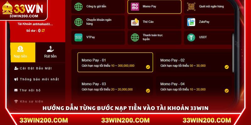 Hướng dẫn từng bước nạp tiền vào tài khoản 33 Win